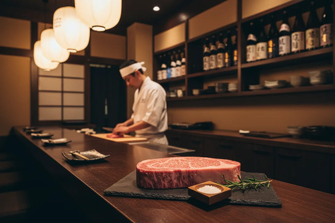 Chefe a preparar wagyu ao balcão de uma izakaya japonesa