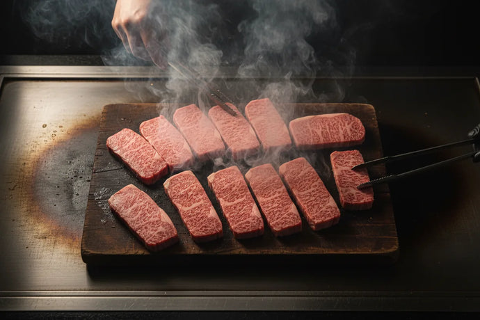 Tiras de wagyu marmoreado a grelhar numa chapa, com fumo